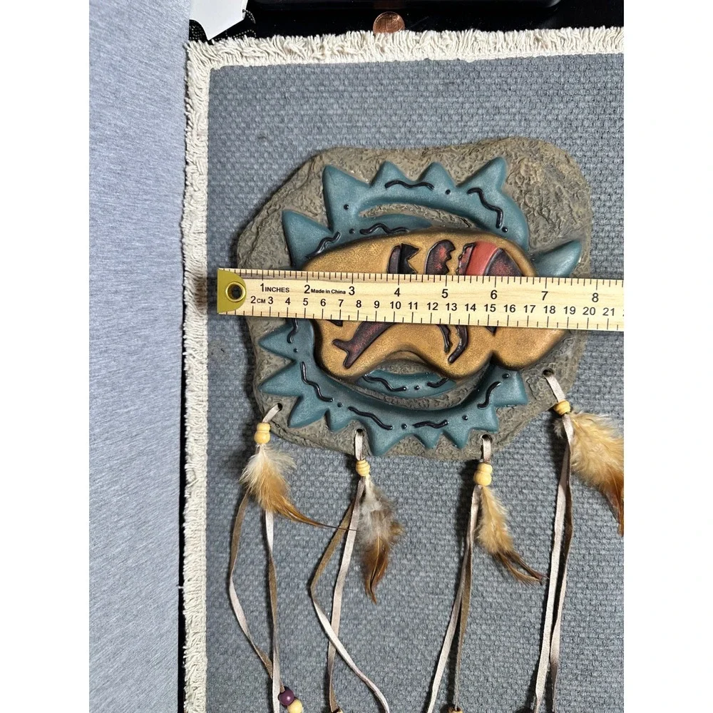 Southwestern Buffalo Bear Wall Art Set Resin Petroglyph Plaques Feathers Beads